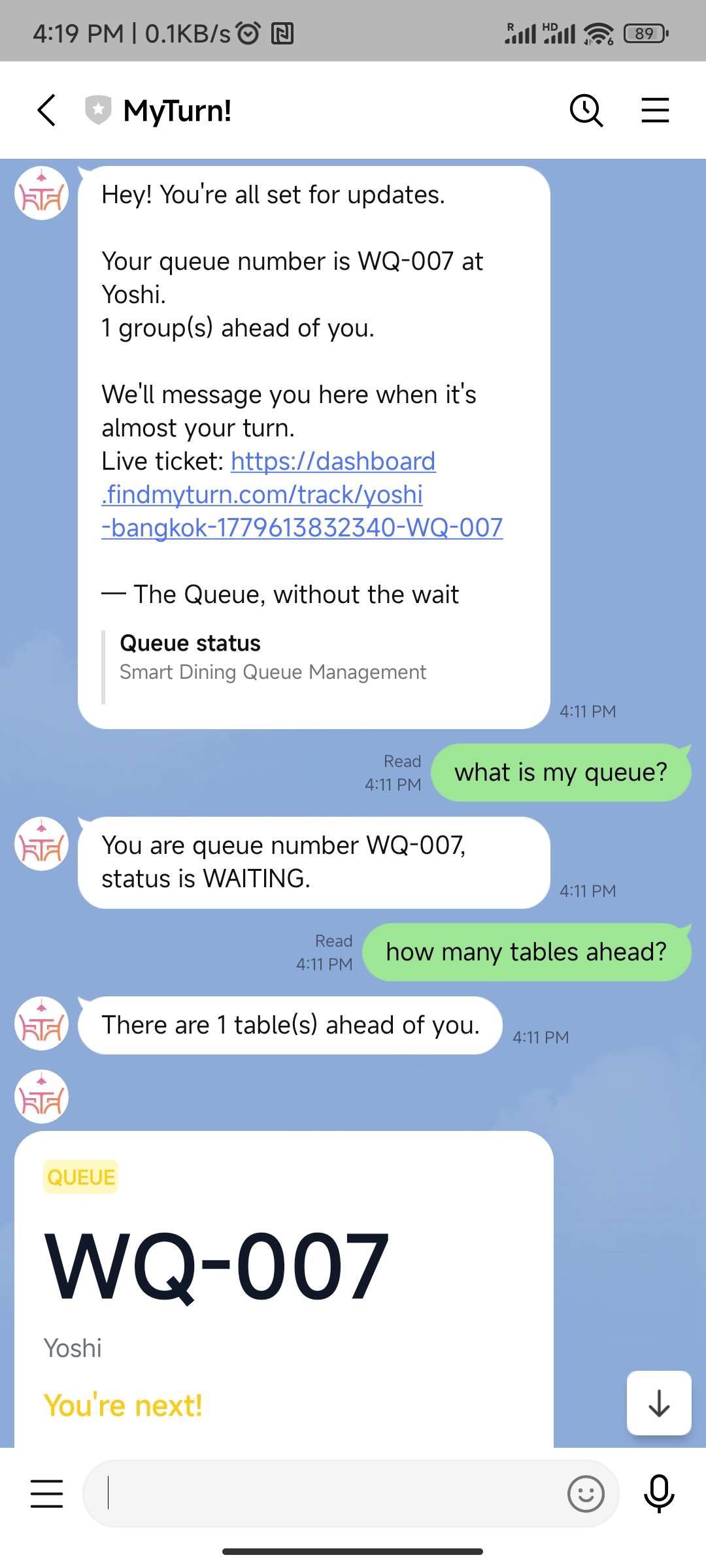 LINE chat — upper half showing MyTurn queue updates