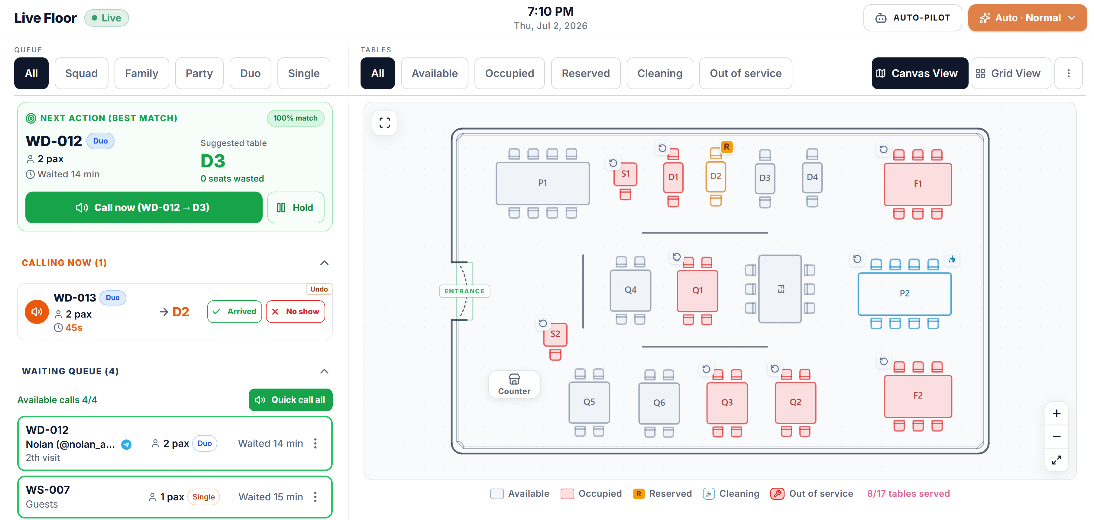 MyTurn live floor showing queue, table status, and seat recommendation